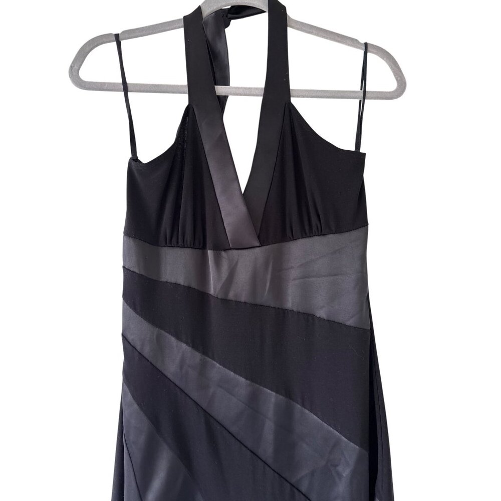 Taboo Black Halter Dress With Asymmetrical Hem Satin Stripes Vintage 90s Y2K